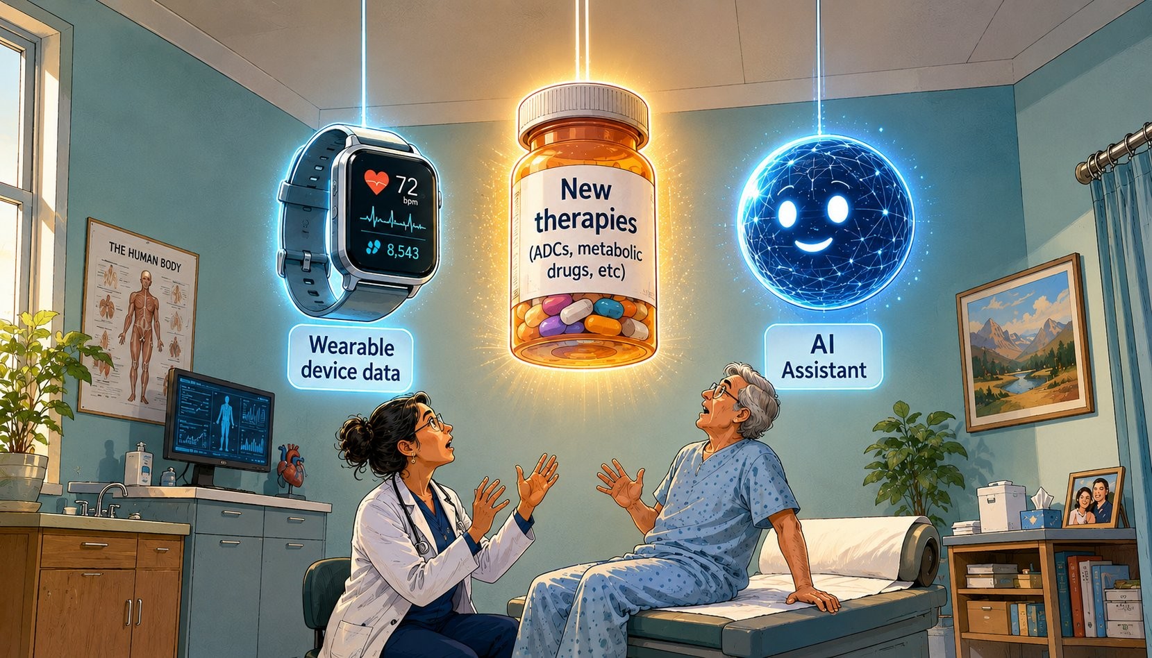 Digital Health Decoded — Issue #7: Standards in Motion. Editorial illustration showing three glowing forces descending into a doctor-patient exam room — a wearable smartwatch, a pill bottle of new therapies, and an agentic AI assistant orb.